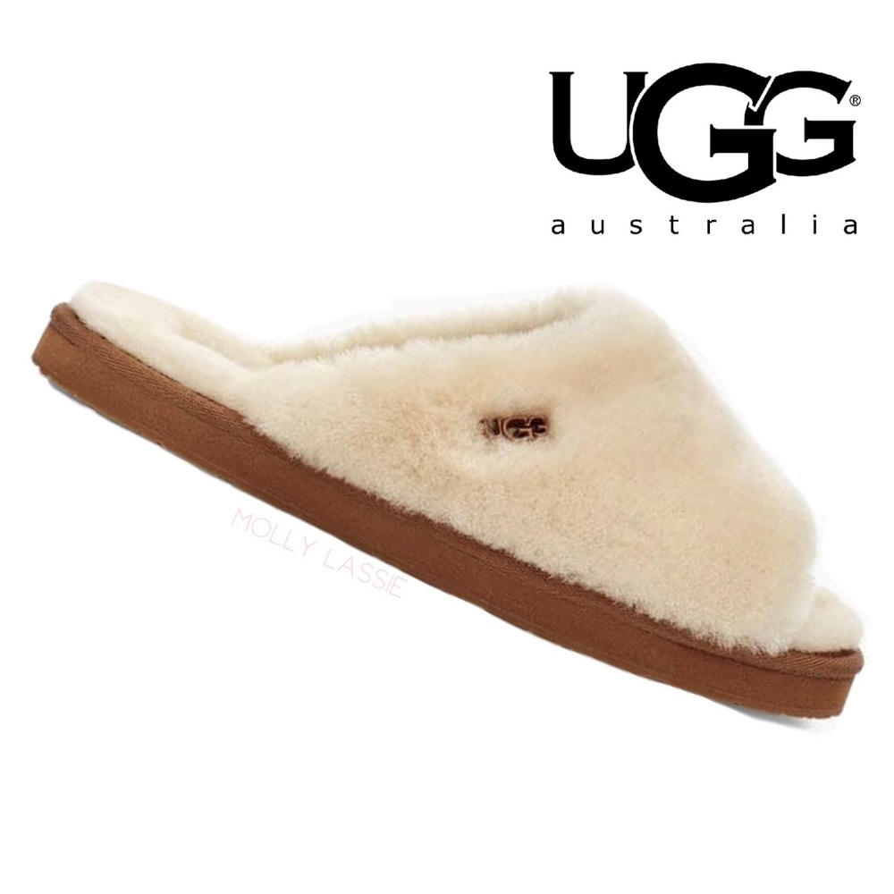 UGG FUR SLIDES SANDALS FUZZ FLUFF TAN BROWN